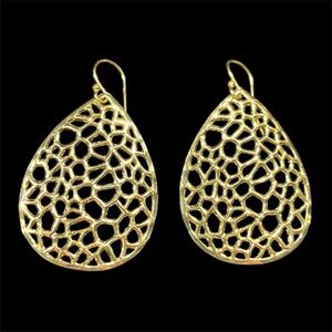 Goldtone Sterling Silver 14 KT Gold Plated Teardrop Cutout Hanging Earrings New